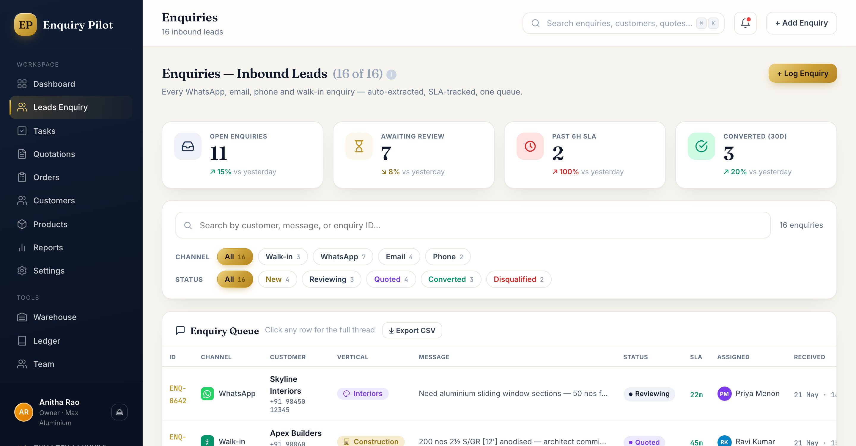 EnquiryPilot Leads & Enquiries — every lead tracked New to Contacted to Won